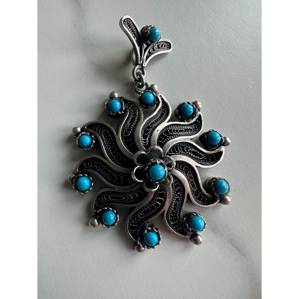 Vintage Filigree Sunburst Statement Pendant Sterling Silver Turquoise 28.8g
